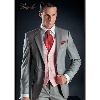 

Custom Made Groomsmen Notch Lapel Groom Tuxedos Light Grey Men Suits Wedding Best Man Blazer ( Jacket+Pants+Tie+Vest ) A091