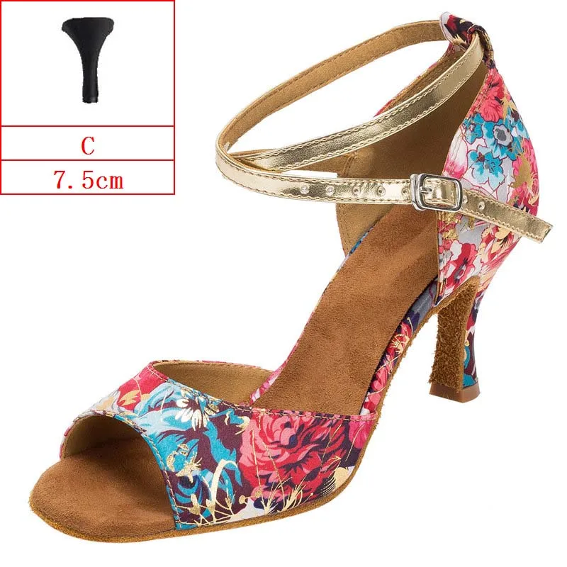 HXYOO/ Новое поступление, женская обувь для латинских танцев, атласная мягкая подошва, красный и синий цветок, бальные туфли, сальса, высокий каблук, открытый носок, WK060 - Цвет: C