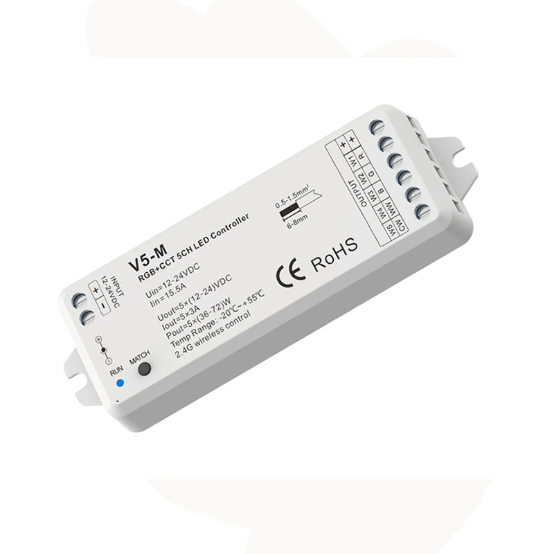 Новый Led RGB + лента контроллер CCT 2,4 г РФ удаленного беспроводного 3A * 5CH выход DC12V-24V 4 зоны RGB CCT светодиодные полосы контроллер V5 + RT10