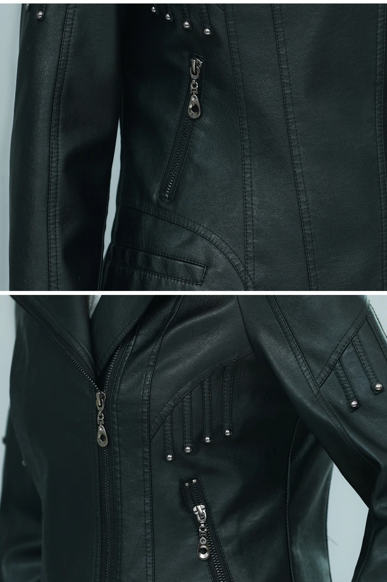 Большие размеры 5XL 2019 новая осенне-зимняя женская куртка из искусственной кожи Модная тонкая черная куртка с заклепками на молнии короткая