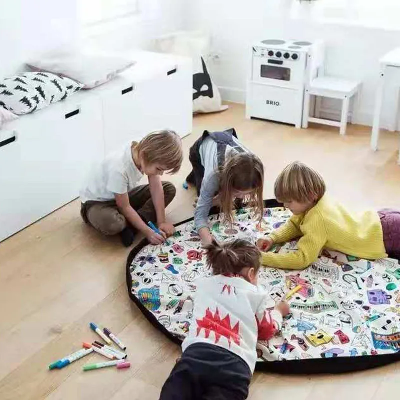 Baby DIY Graffiti Toy Canvas Round Organizer Tool Kids Play Floor Mat Blanket Nursery Rug Carpet