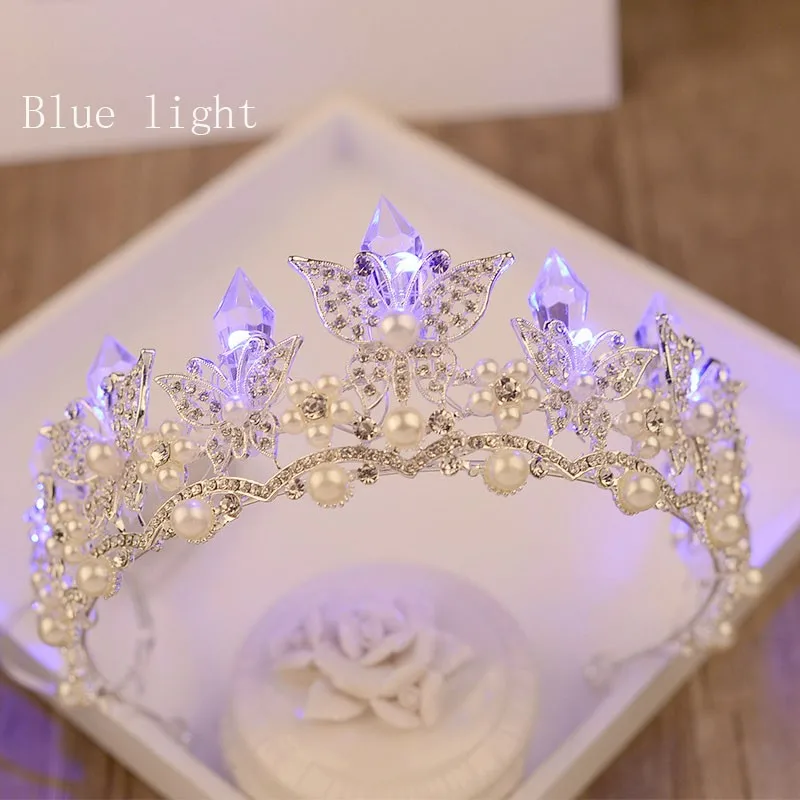 Бабочка Свадебная Тиара светильник для свадьбы корона девушки горный хрусталь кристалл жемчуг свадебная диадема светящиеся короны Мода синий белый светильник