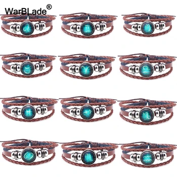 

12pcs/set Hot Zodiac Signs Bracelets Bangles Punk Men Women Leather Bracelet Vintage 12 Constellations Wristband Charm Jewelry