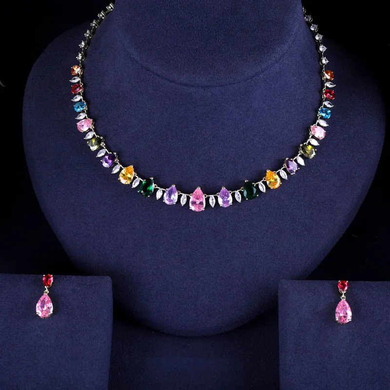 

janekelly trendy Wedding Necklace Earrings For Women Jewellry Multi Stone Bridal Jewelry Sets pendientes mujer moda