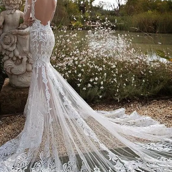 Нежные французские кружева аппликация с длинным рукавом свадебное платье Сексуальная Открытая спина Zuhair Мурад длинное свадебное платье принцессы платья