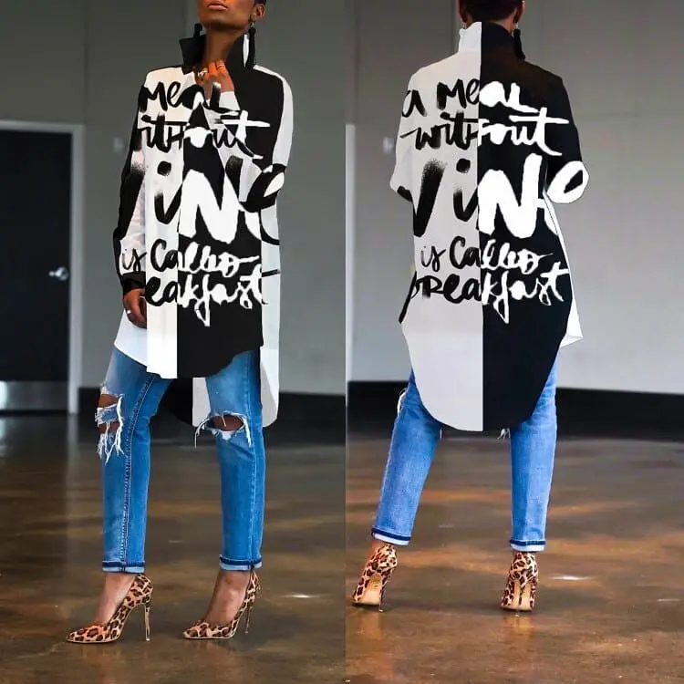 

2019 Black And White Contrast Color Fashion Casual Front And Back Asymmetrical Letters Digital Printing Lapel Women Shirt Y5089