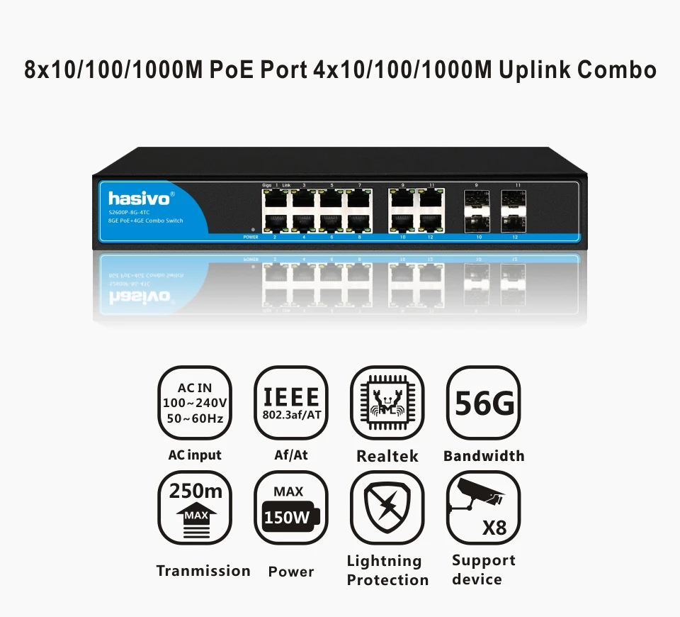 8 портов коммутатор gigabit PoE etherner коммутатор 4 гигабитный порт uplink combo 4TC gigabit switch