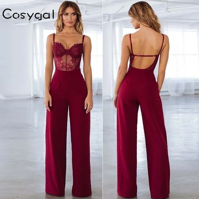 

Cosygal Backless See Through Sexy Jumpsuit Full Length Lace Straight Jumpsuit Party Club Zip Side Rompers Jumpsuit For Women