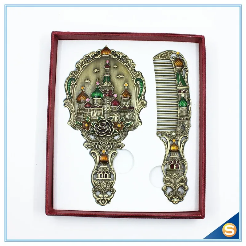 antika metal emaye el ayna seti ile rusya kale desenleri 13x6 7x0 5 cm