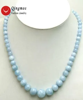 

Qingmos Blue Aquamarines Round Graduate 17" Chokers Necklace for Women WIth 5-11mm Round Natural Aquamarines Beads-nec5397