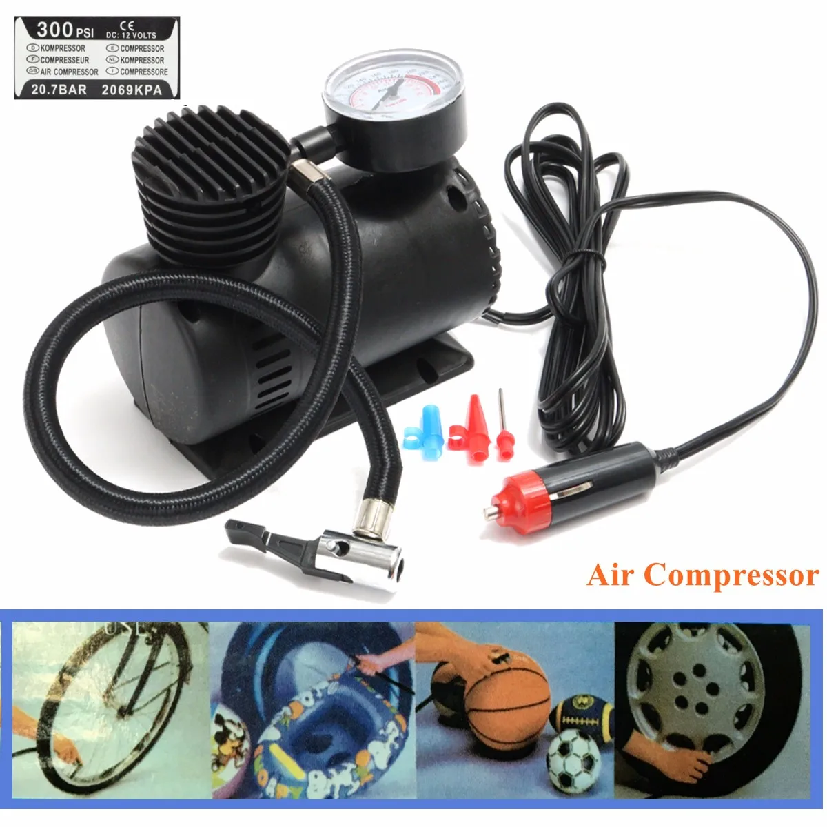 

Portable Air Compressor Pumps Mini DC 12V 300 PSI Auto Car Bicycle Electric Tire Inflator Pump with 2 Nozzle Adapters hot