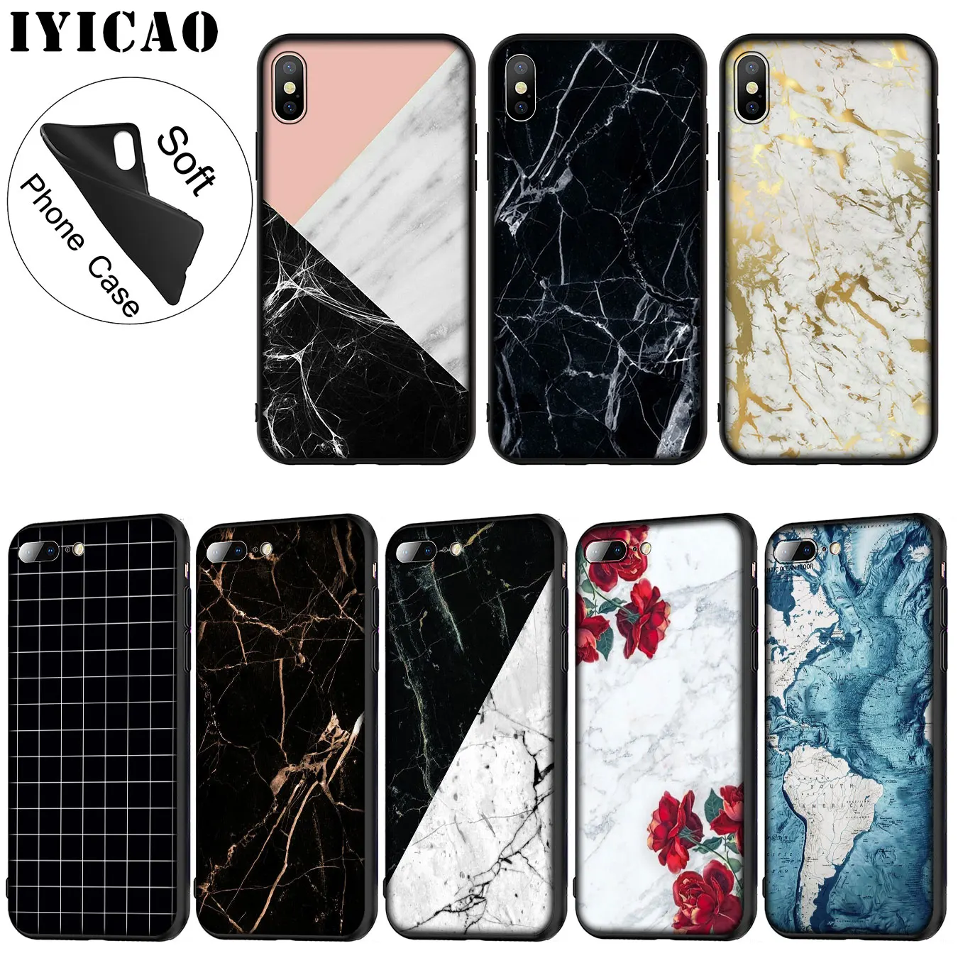 IYICAO Gold black white Marble Soft Silicone Phone Case for iPhone XR X XS 11 Pro Max 6 6S 7 8 Plus 5 5S SE TPU Black Cover |
