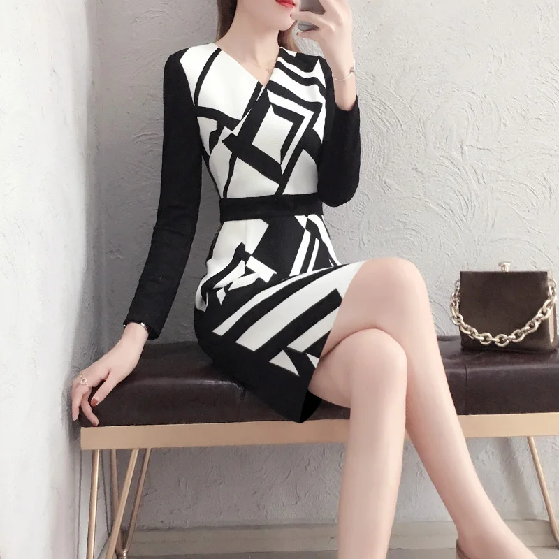 Flash Deal Noble Fashion Summer Dresses Geometric Pattern V Neck Pencil Wrap Dresses Casual Office Body-con Long Sleeve Short Dresses Z462 1