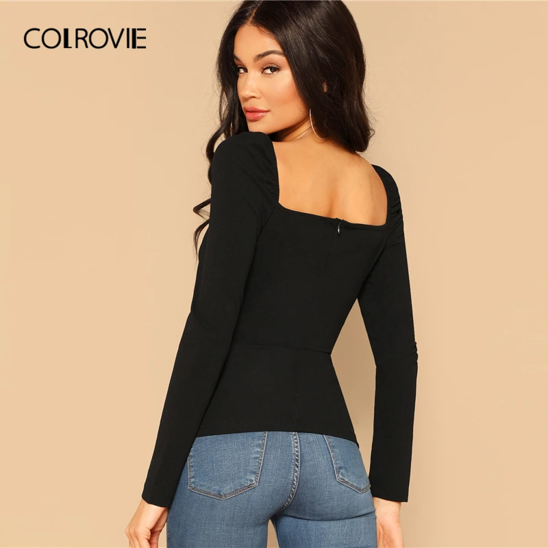 COLROVIE Black Solid Zip Back Fitted Wrap Sweetheart Elegant Blouses Women Spring Long Sleeve Shirt Sexy Office Ladies Tops