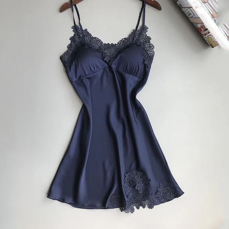 

Women Sexy Sleepwear Sleeveless Strap V Neck Nightdress Satin Silk Babydoll Lace Sleep Dress Padded Nightgown Summer Pijamas