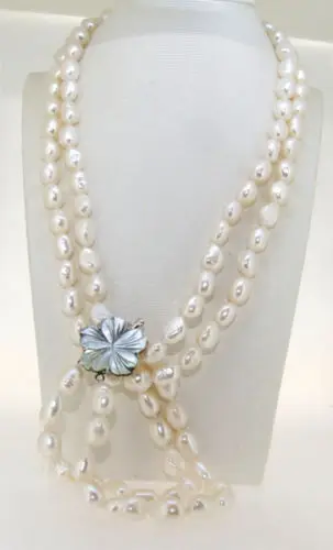 

06375 Choker Necklace Bracelet White Cultured Pearl Beads Shell Flower Clasp