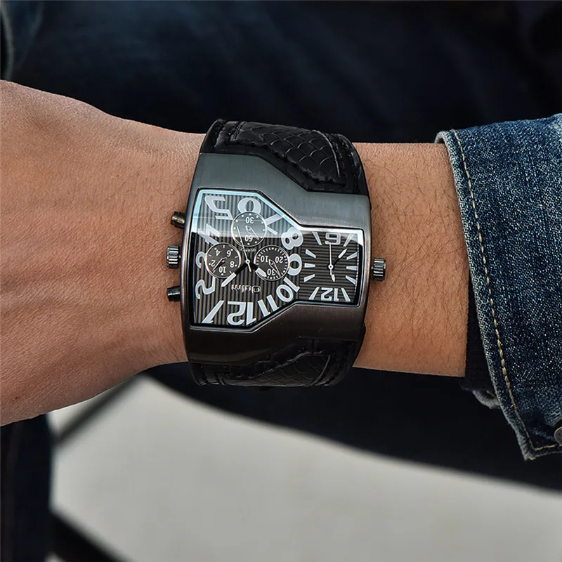 Oulm Уникальный дизайн 2 часовых поясов часы мужские люксовый бренд широкий кожаный ремень спортивные часы мужские кварцевые наручные часы erkek kol saati