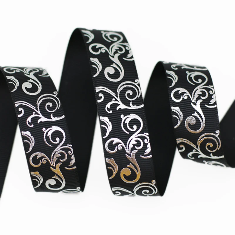 Grosgrain Ribbon 10 yards/lot 25mm White Hot Stamping Silver Foil Gift Wedding