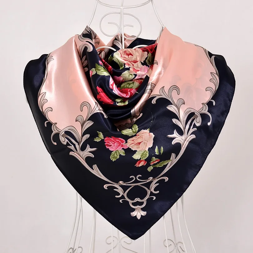 Модный брендовый женский бежевый шелковый шарф из полиэстера, шаль, стиль, большой квадратный женский атласный шарф, шелковые шарфы с принтом 90*90 см - Цвет: navy blue pink 535