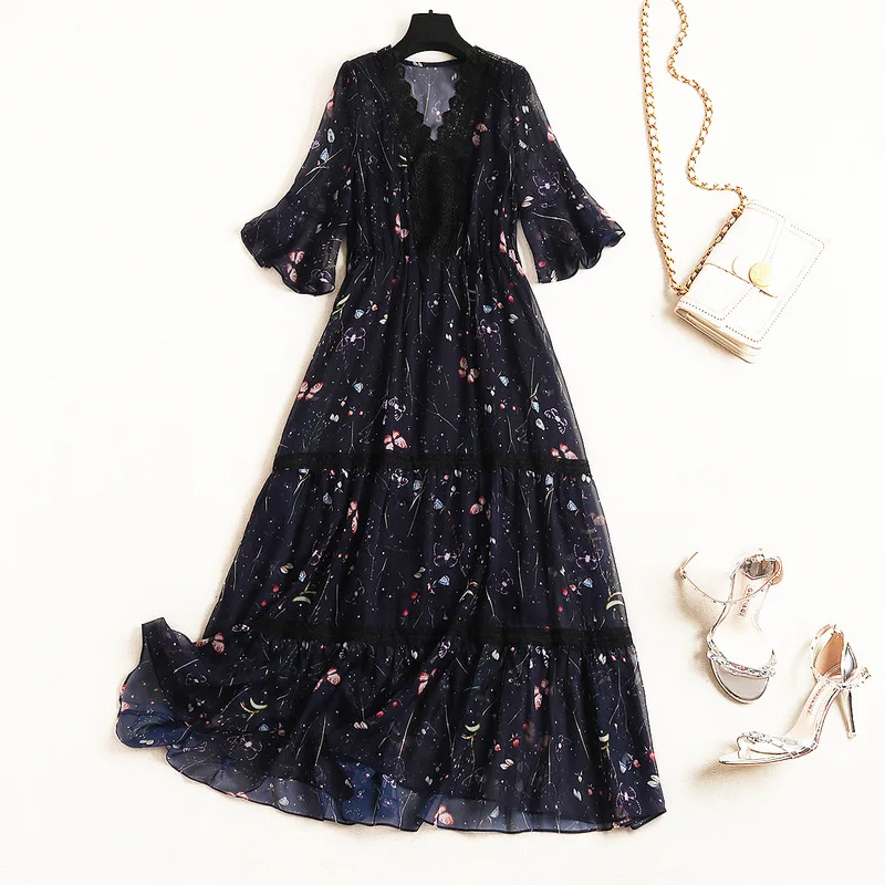 

Europe Fashion Summer Lace Chiffon Floral Printted Women Maxi Long Dress 2019 New V Neck Ruffles 1/2 Sleeves Plus Size