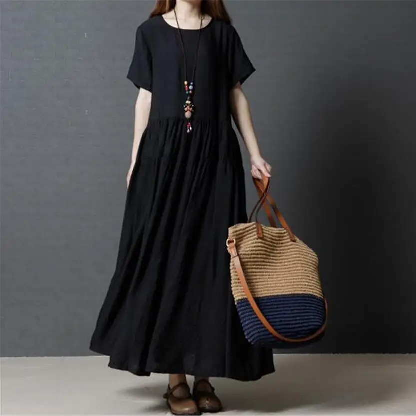 Женское длинное платье из хлопка и льна с коротким рукавом|linen dress|cotton linen dressvintage