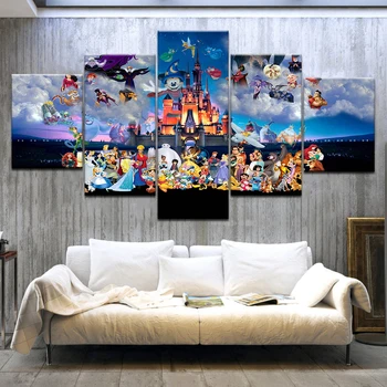 

Modern Canvas Painting Wall Art for Home Decoration 5 Piece Mickey Mouse Castle Cartoon Poster Azure Sky Beautiful Picture