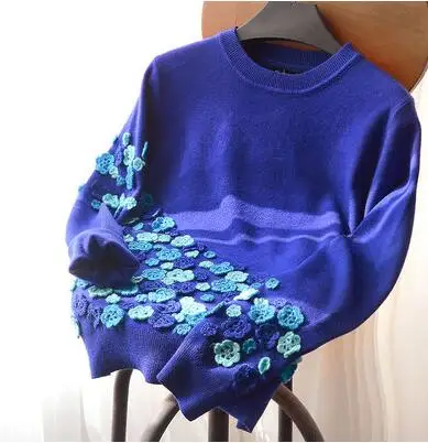 

Sweaters O-Neck Full Sleeve Regular Pullovers Appliques Floral Standard Winter Women Fashion 2018 Casual