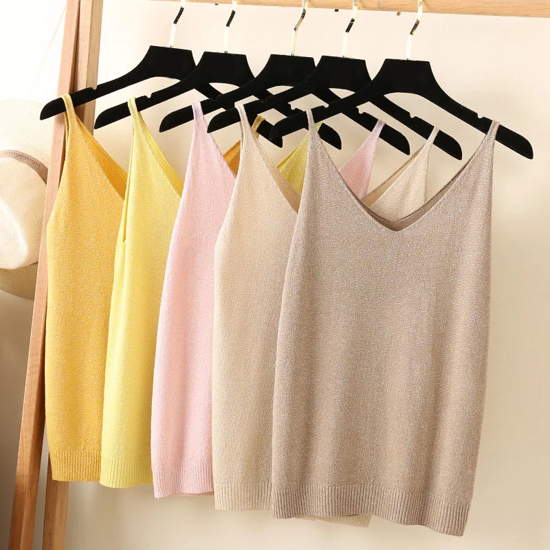 

Solid Deep V Neck Knitted Tops Sexy Strappy Sleeveless Vest Casual T shirt Women Female Fitness Tank Top Sweater