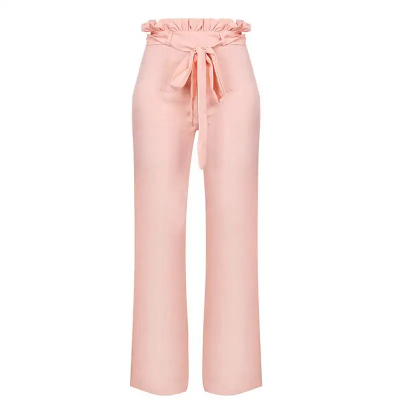 Wide Leg Pants Womens Solid Ruffles Pant Casual Loose Belt Pants High Waist Long Trousers For Women