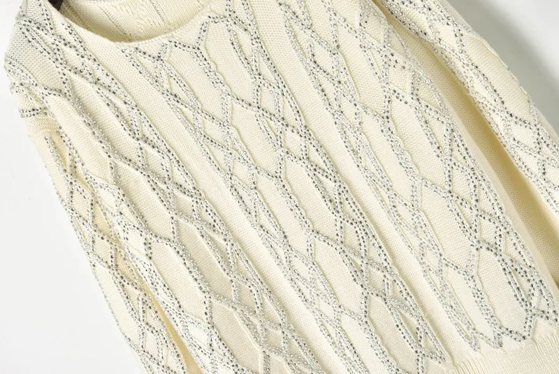 Brand Designer White Color Knitted Fashion Women Sweater Women Clothes Lady Girl Pullover Crystal Embellished Streetwear