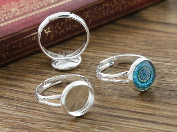 

10mm 10pcs Bright Silver Plated Brass Adjustable Ring Settings Blank/Base,Fit 10mm Glass Cabochons,Buttons;Ring Bezels -K5-28