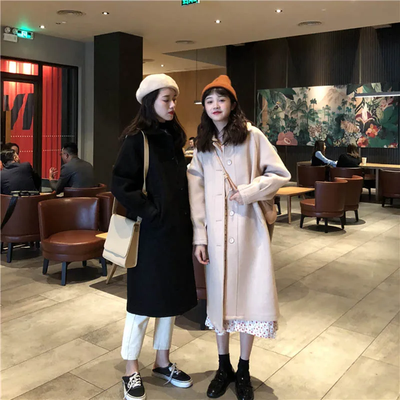 OLN 2019 New Autumn Winter Temperament Skinny Long Style Loose Single-breasted Woolen Warm Coat Pure Color Lapel Outwear 7067