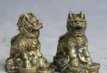 

Folk Chinese Palace Brass Guard Dragon Kylin Qi Lin Wealth Money Statue Pair