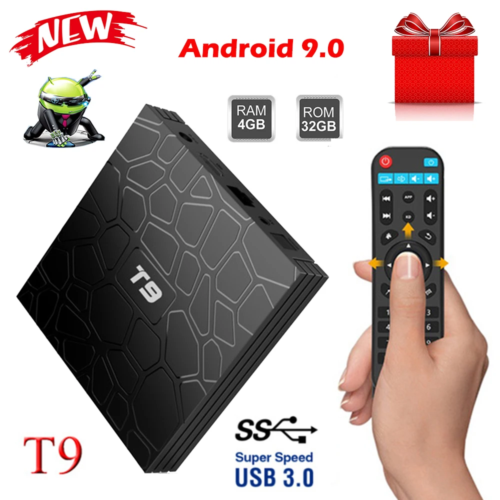 

T9 TV Box Android 9.0 4GB 32GB RK3328 Quad-Core Wifi BT4.0 USB3.0 Smart TV 4K HD Google Play Store Netflix Youtube Box TV Player