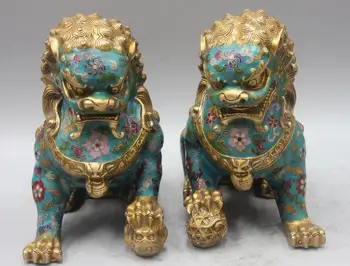 

Chinese Bronze Copper Cloisonne Foo Fu Dog Guardion Door Lion Ball Statue Pair