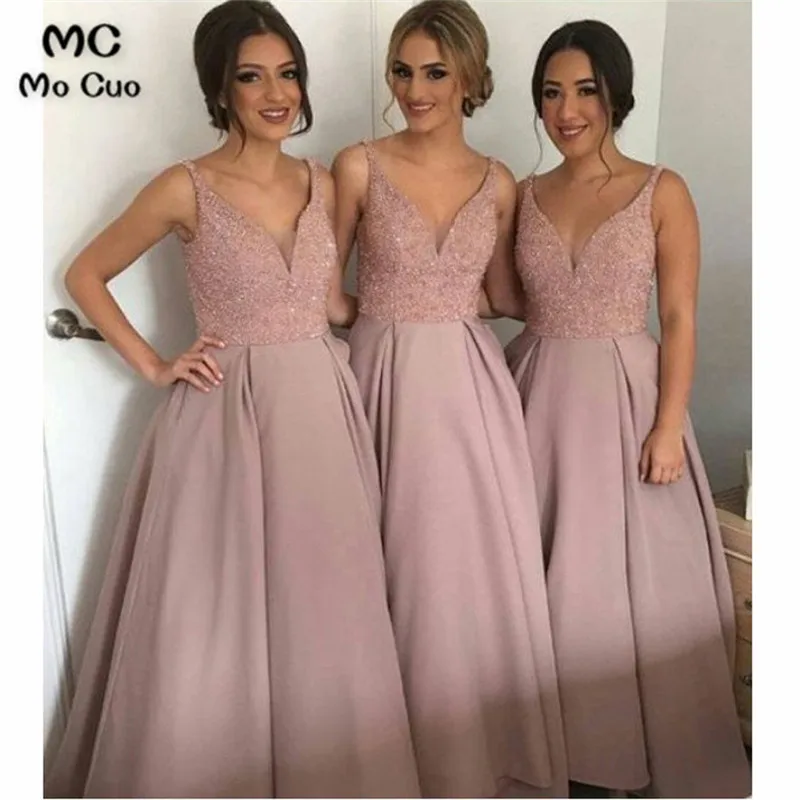 A-Line V-neck Floor-Length Beading Taffeta Bridesmaid Dresses