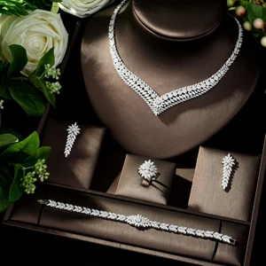 HIBRIDE Exquisite Jewelry Sets for Women Wedding Party Jewelry Accessories AAA Cubic Zircon Stud Earrings& Necklace Gift N-271 - Metal color: white gold