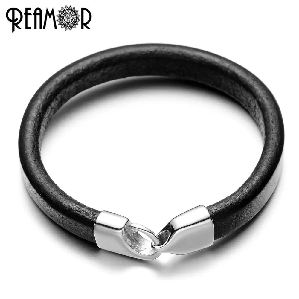 REAMOR 3 вида стилей, широкий кожаный веревочный мужской браслет с пряжкой из нержавеющей стали 316L, простые мужские браслеты-манжеты и браслет, ювелирные изделия - Окраска металла: Black