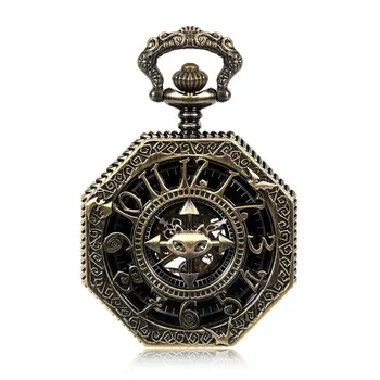 

United Kingdom Lucky Bats Pendant Hexagon Skeleton Watches Steampunk Vintage Mechanical Pocket Watch w/Chain 8 Style For Choice