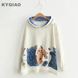 KYQIAO костюмы для косплея Лолита lahoodies для женщин осень весна Япония милый kawaii темно синий бежевый белый кот пуловер с капюшоном