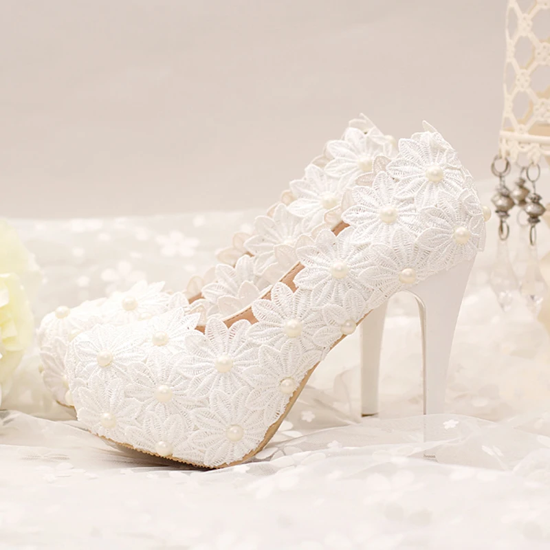 

White Lace Flower Wedding Shoes High Stiletto Heel Formal Dress Shoes Bride Banquet Party Shoes Women Pumps Bridesmaid Shoes