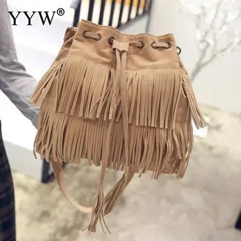 

Vintage Tassel Canvas Handbags Fashion Lac Up Women Bag Messenger Bags New Handbag Tassel Bucket Shoulder Handbags Crossbody