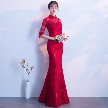 

Half Sleeve Chinese Style Women Dresses Large Size 3XL Sequins Vestidso Cheongsam Mermaid Long Tight Sexy Female Qipao S-220