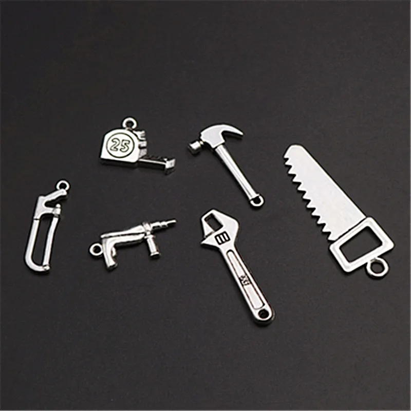 WKOUD 6pcs Antique Silver mixed batch of Carpenter Tool Charm Necklace
