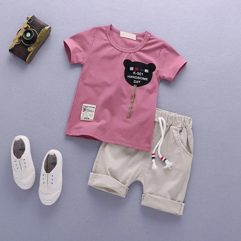 Детская одежда комплект летней одежды для маленьких мальчиков, эксклюзивная Детская футболка с медведем+ шорты от 12 месяцев до 5 лет