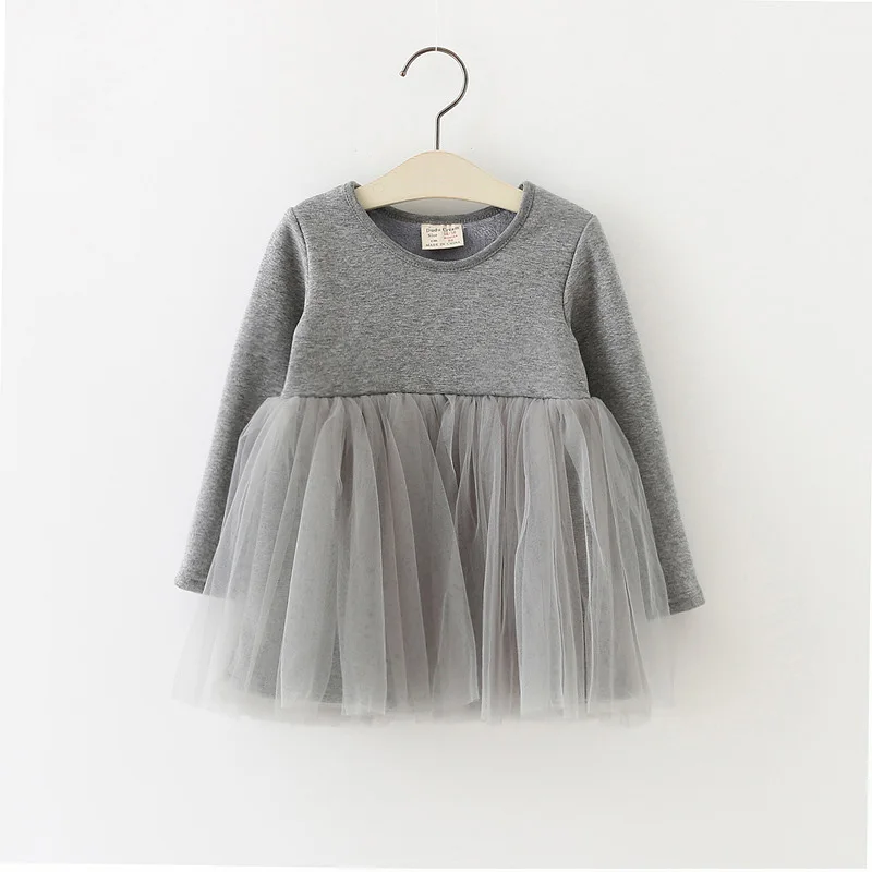 Online 2017 Gadis Gaun Elegan Lengan Panjang Gaun Anak anak Untuk anak Perempuan Mesh Ball Gown Princess Dress O Neck Padat Anak Musim Dingin pakaian