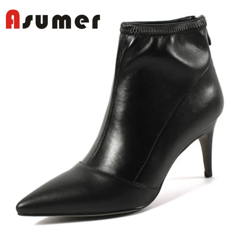 

ASUMER NEW 2018 fashion ankle boots pointed toe genuine leather boots thin high heels party queen winter boots for woman