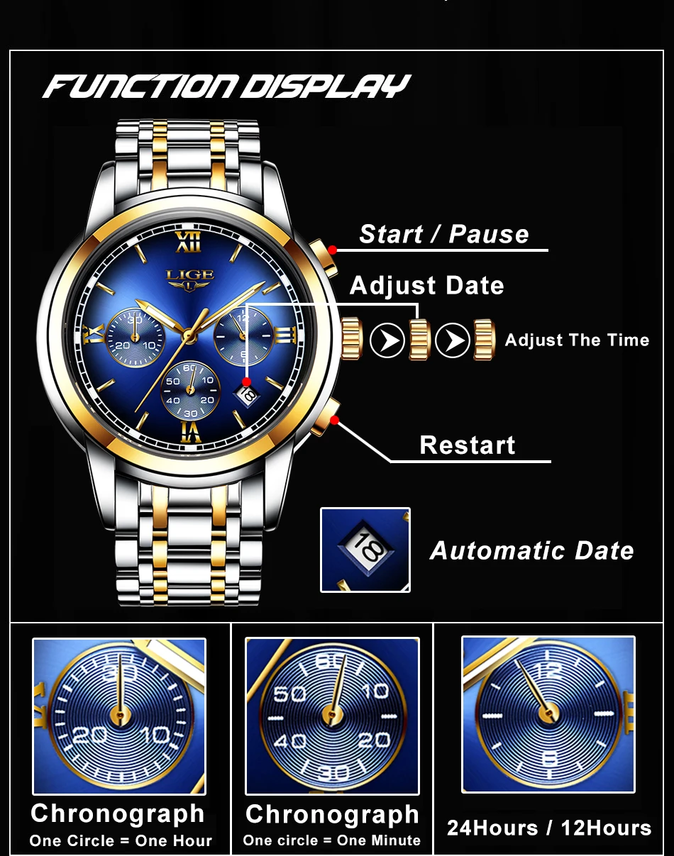 Relogio Мода LIGE для мужчин часы лучший бренд класса люкс бизнес нержавеющая сталь Золото Кварцевые часы для мужчин повседневное водонепроница