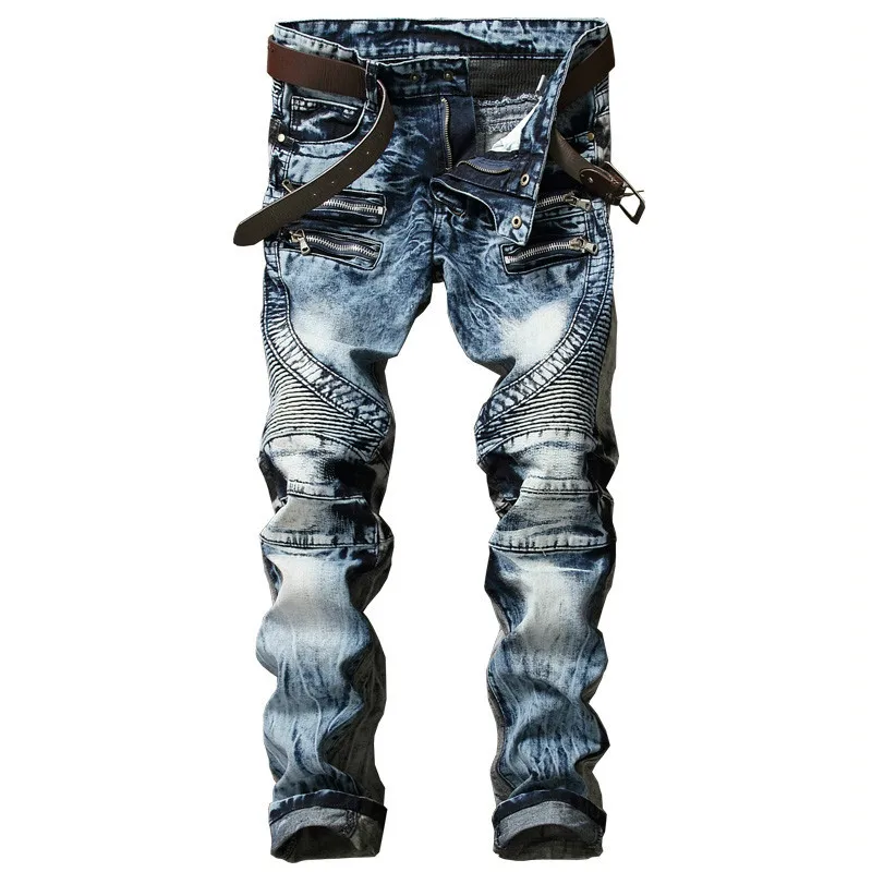 Новая мода, мужские байкерские джинсы, брюки, облегающие, плиссированные, мотоциклетные, джинсовые штаны, брендовые, дизайнерские, мульти молнии, прямые, мото штаны