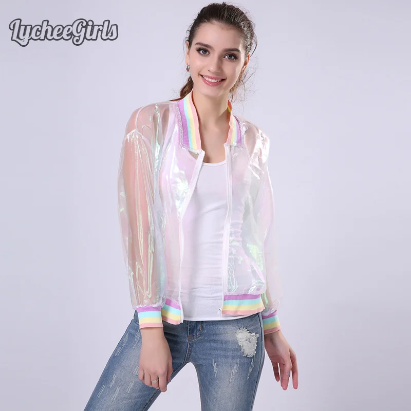 

Lychee Girls Rainbow Symphony Hologram Summer Women Jacket Transparent Sunproof Long Sleeve Causal Loose Coat